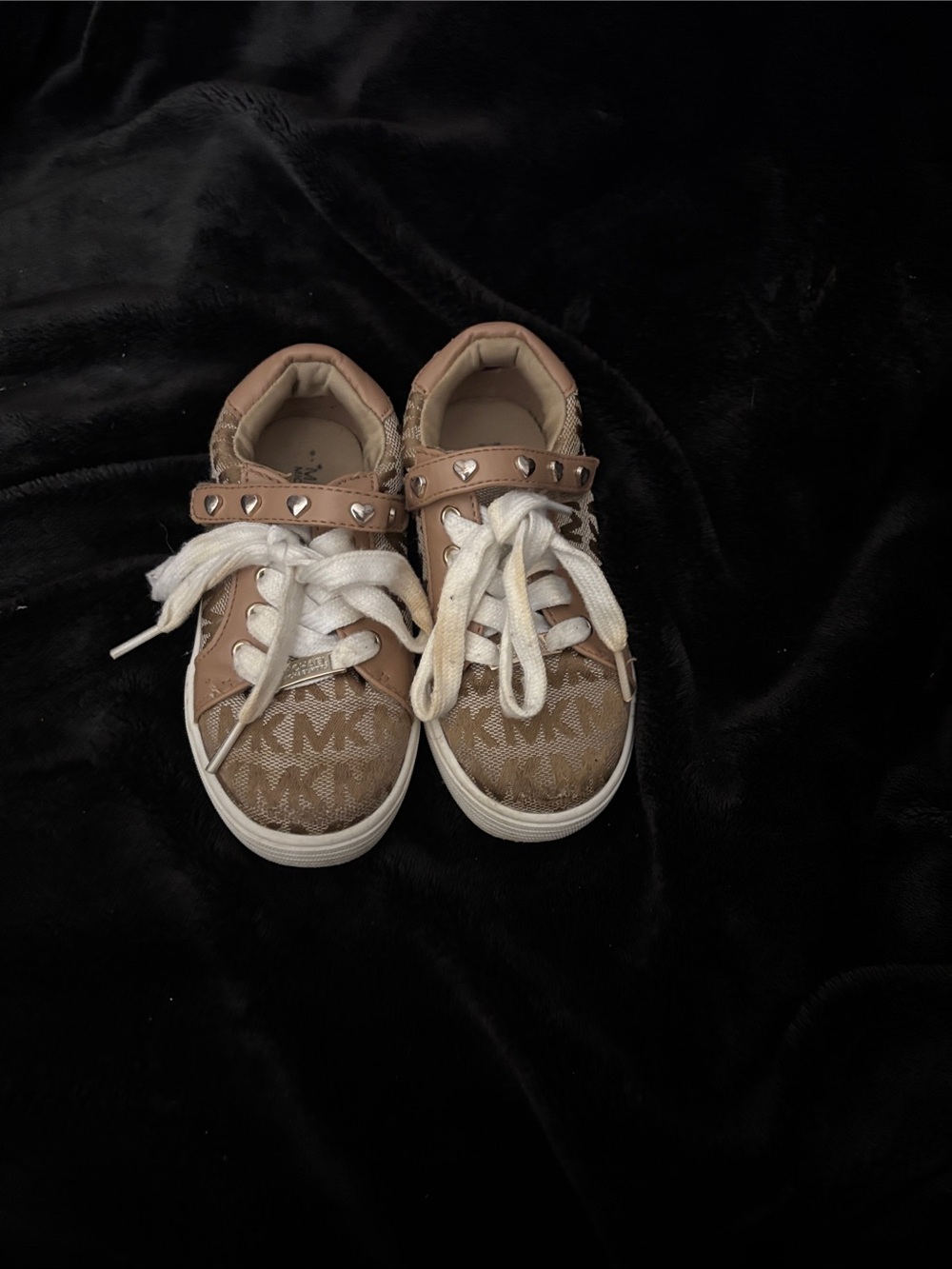 Michael Kors Tan and White Kids Logo Sneakers with Stud Strap